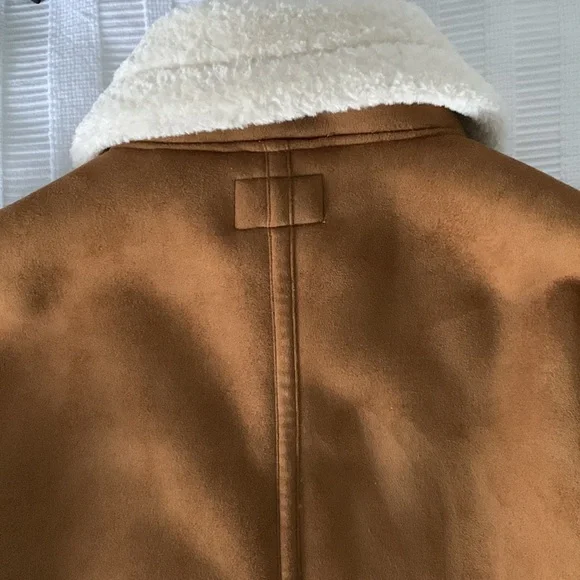 Warehouse Tan Suede Faux Shearling Jacket with Cream Trim - Picture 9 of 10